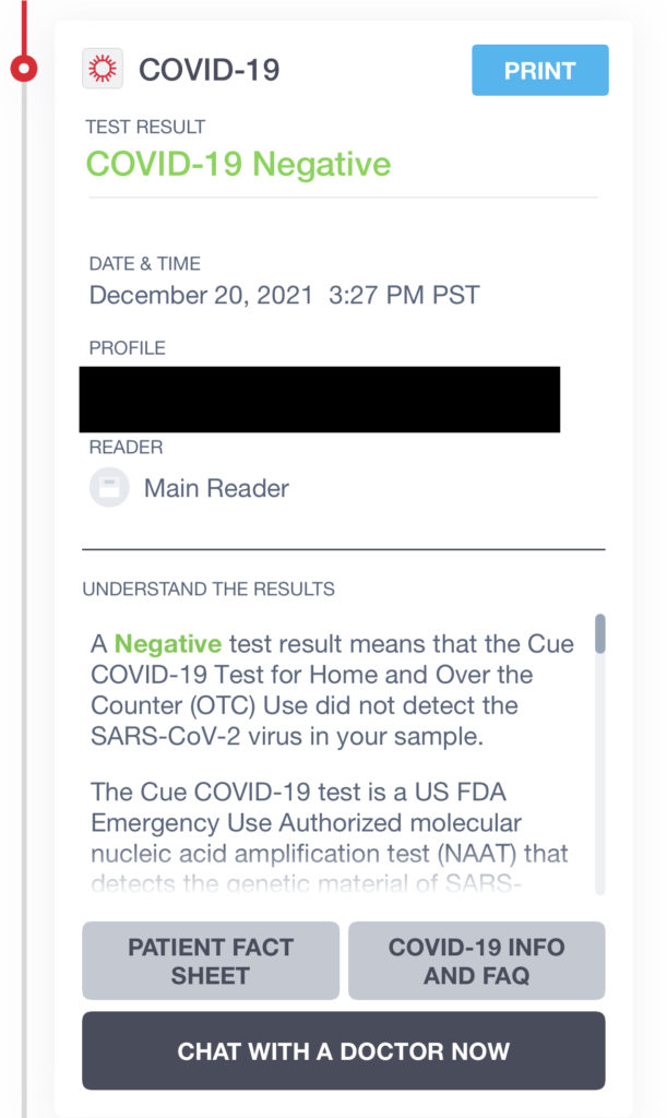 Cue health Covid results screen