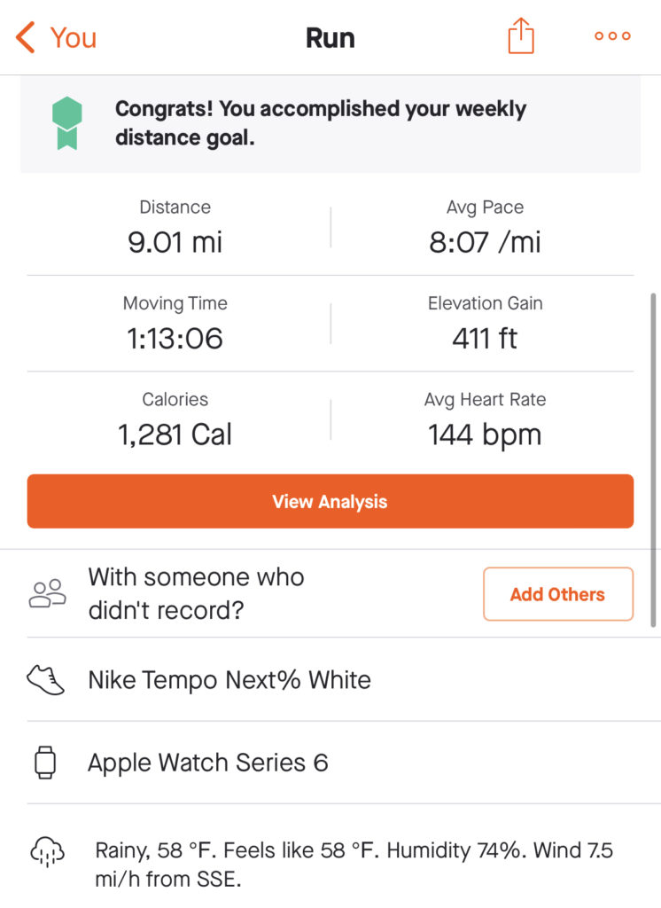 Run summary chart of 9 mile run in Nike tempo shoes