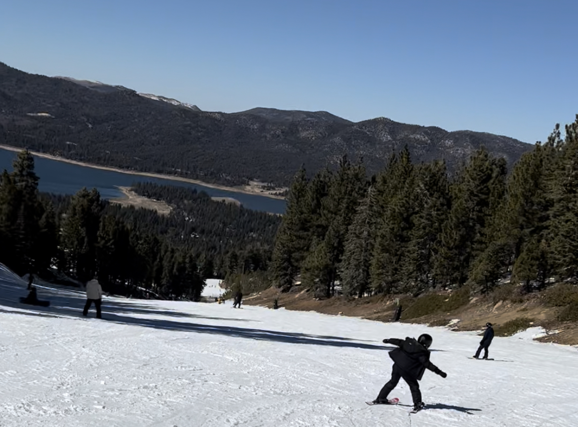 ski slope main run of snow summit in california with big bear lake in the background