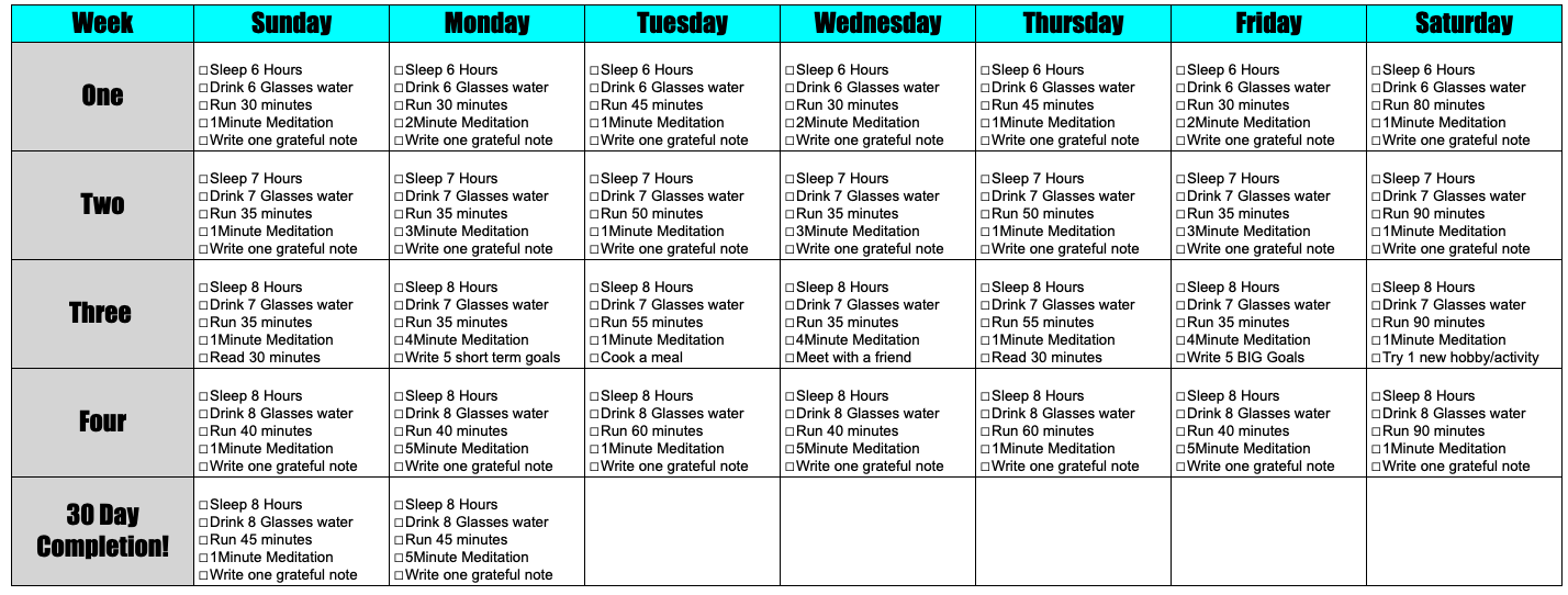 30 day personal wellness challenge for runners calendar