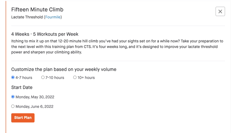 text showing details of a strava training plan for cyclists doing a 15 minute fitness test