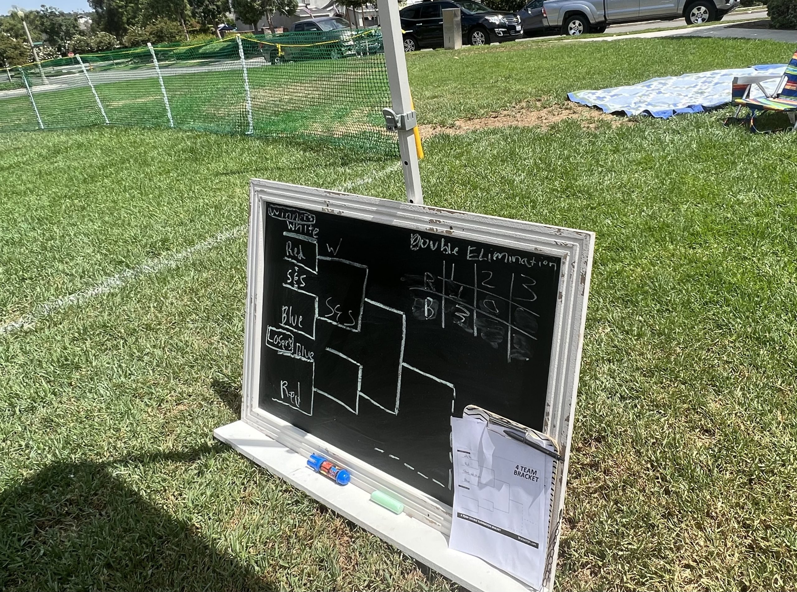 Chalkboard scoreboard for wiffle ball tournament