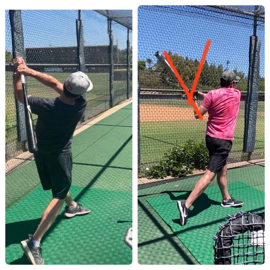 Hitting tips - side by side of two batters finishing a swing