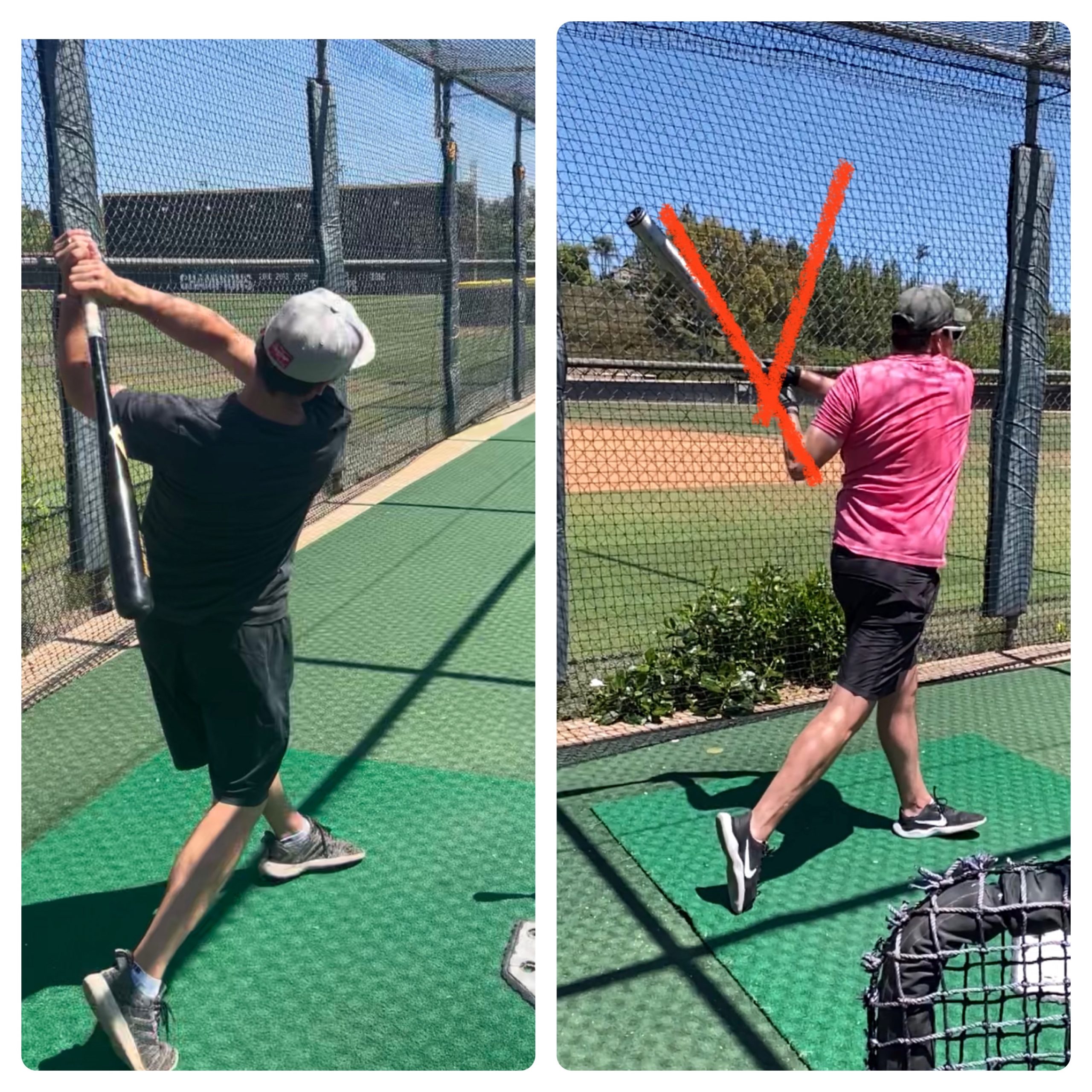 Hitting tips - side by side of two batters finishing a swing