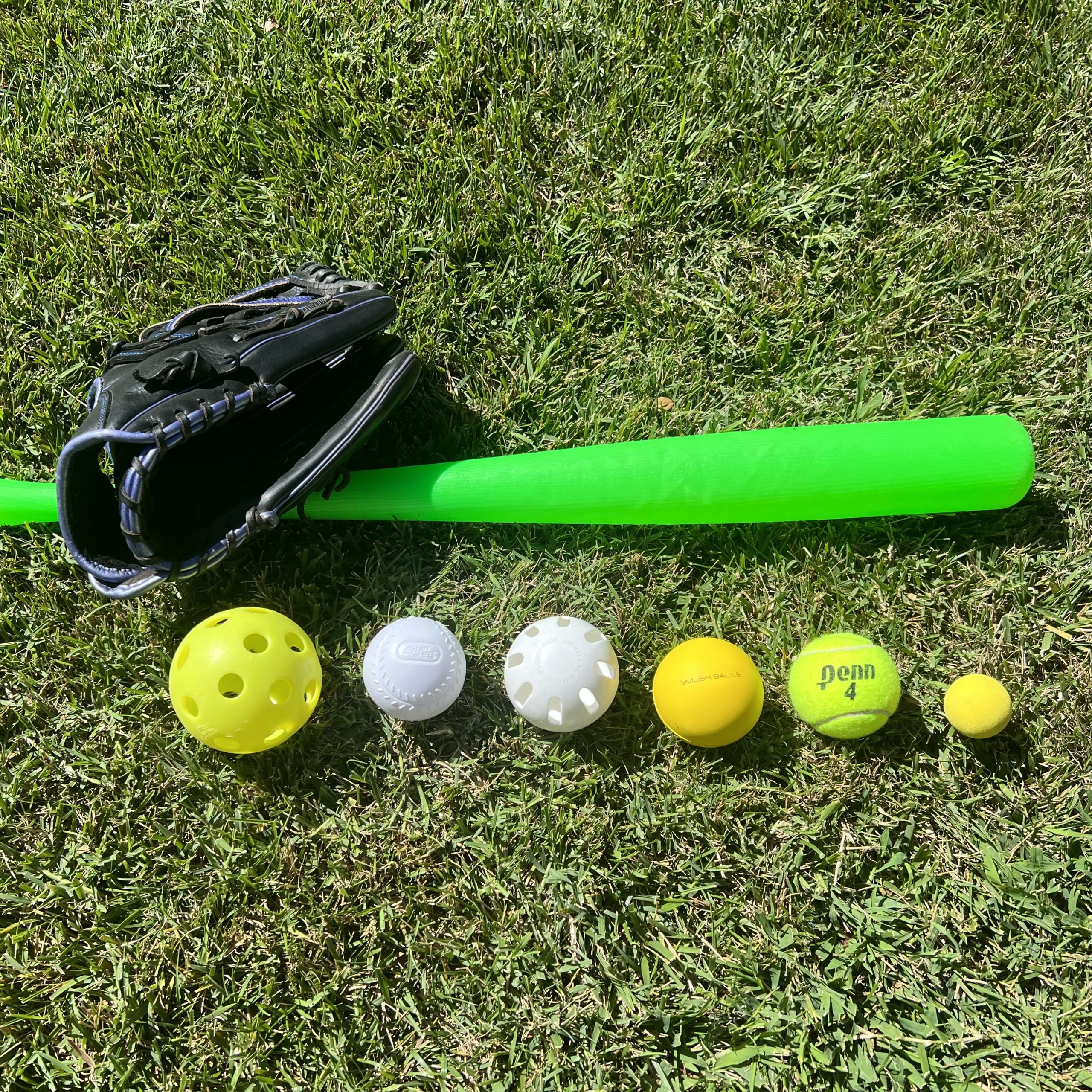 Six types of training balls for hitting sitting on a grass patch