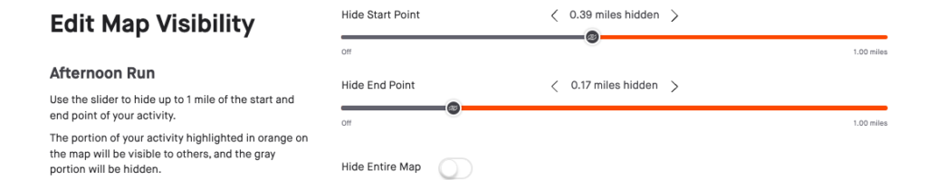 slider to edit visibility of start and end of strava activity