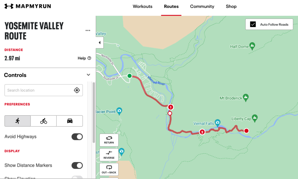 mapmyrun planned route in yosemite national park near curry village