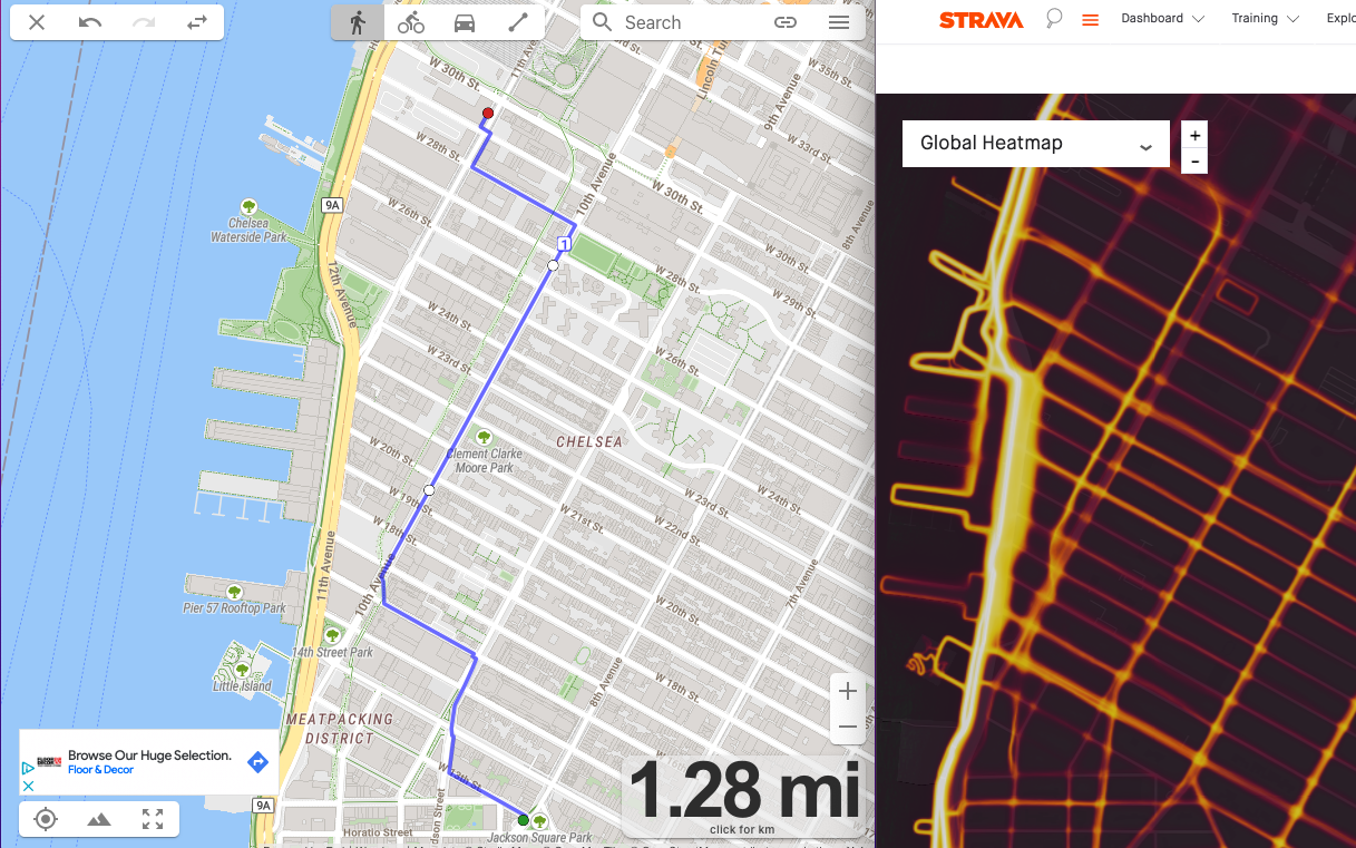 onthegomap for NYC highline route vs a strava heat map of the city