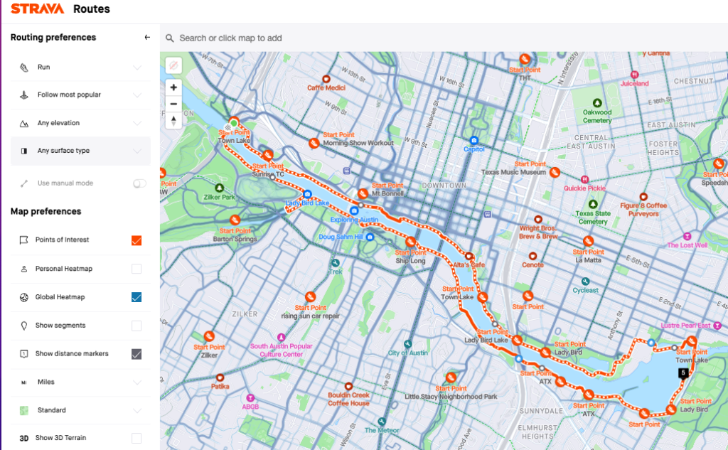 strava route planned around town lake in austin texas