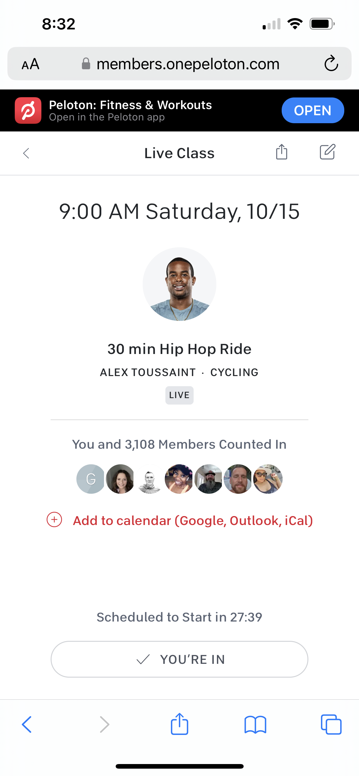 Peloton add to calendar button from desktop