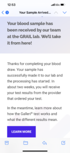 Email saying grail labs received samples
