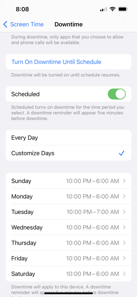 Downtime setting for Apple Watch 