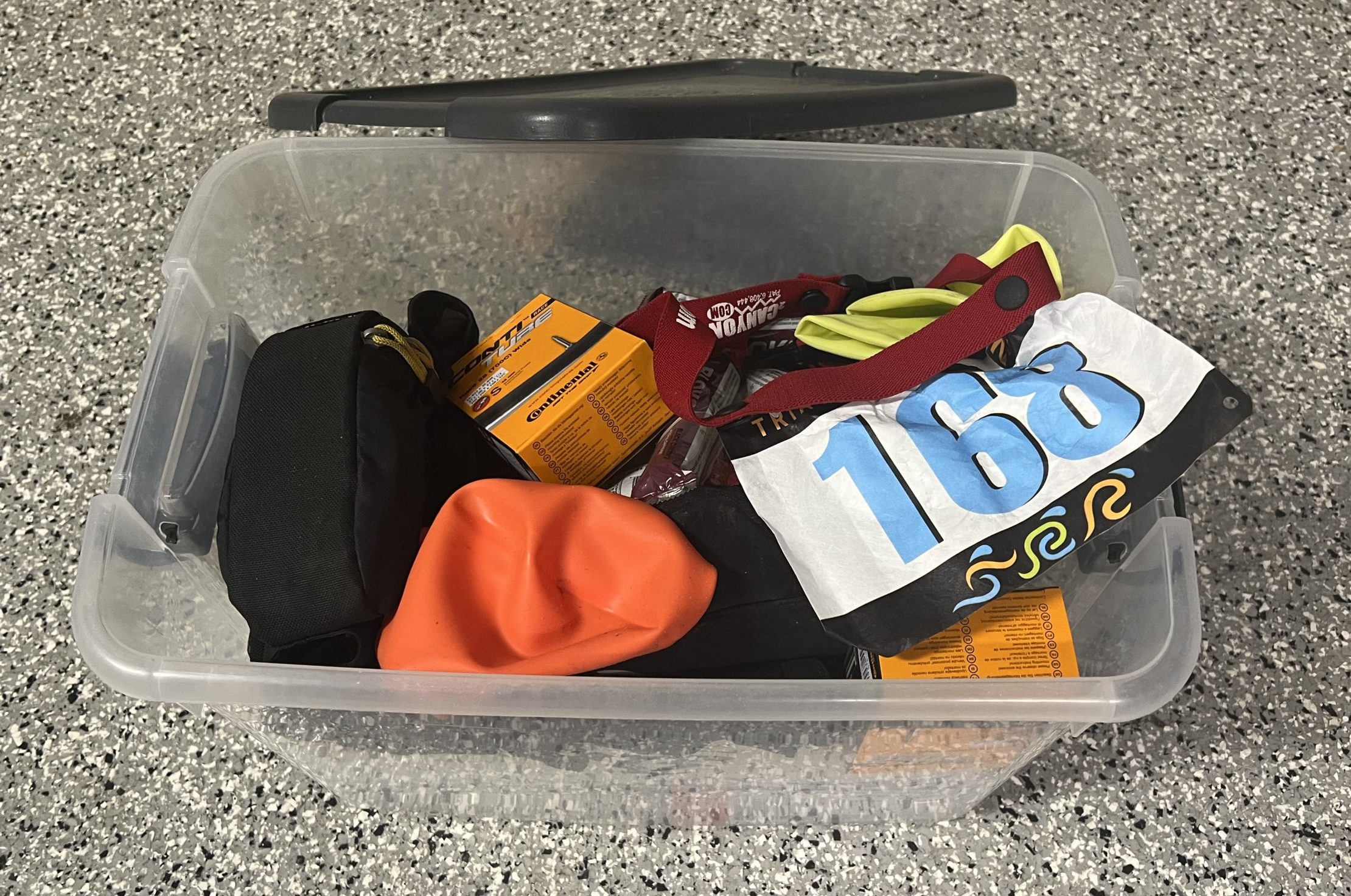 a bin packed for a triathlon