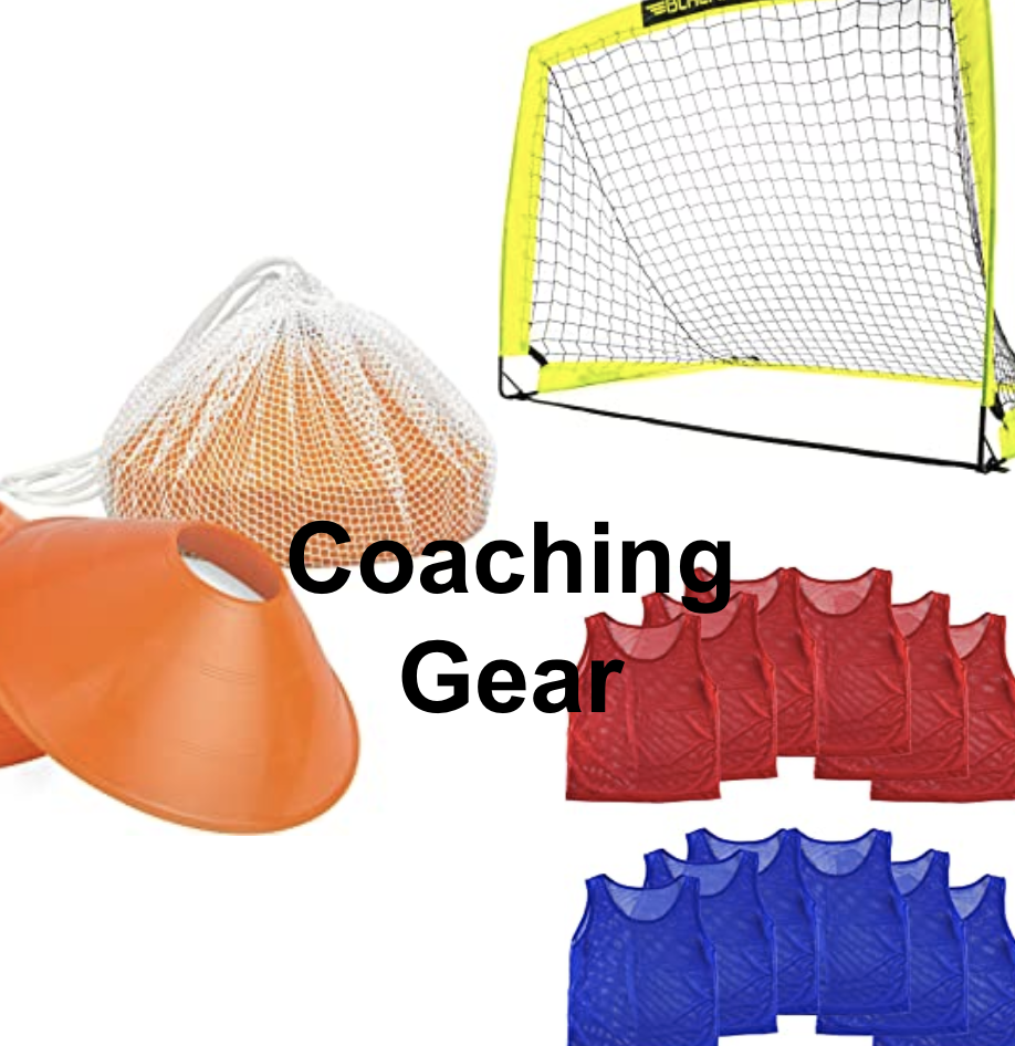 soccer coaching gear cones, goal, and pinnies