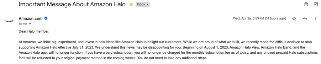 amazon halo discontinued email